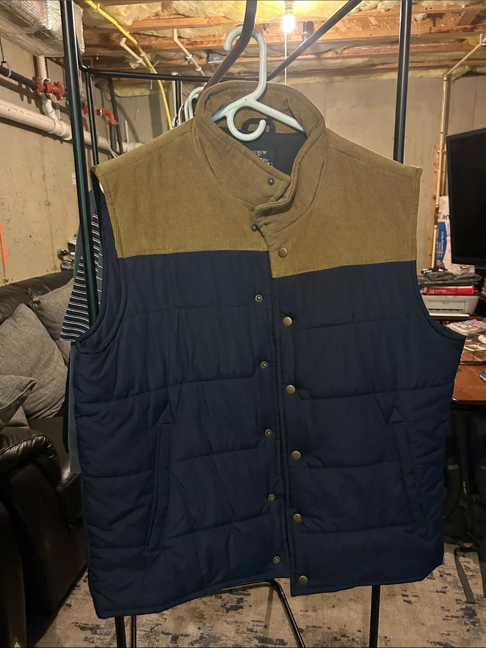 J. Crew Navy Puffer Vest with Brown Corduroy Yoke